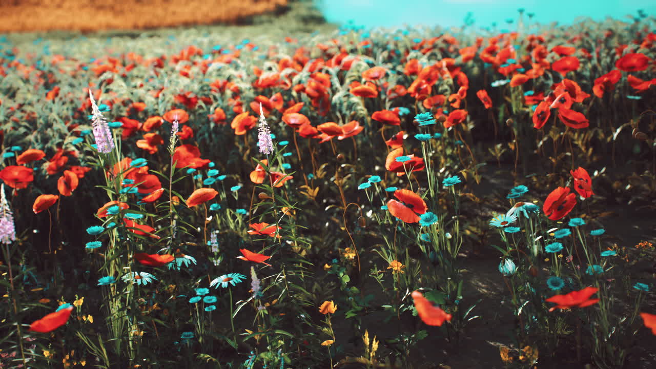 은 포피와 파란 꽃이 꽃을 피우고 있는 활기찬 야생 꽃