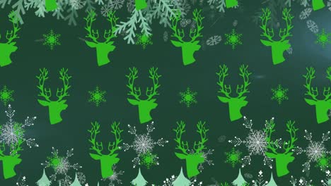 Animation-of-snowflakes-falling-over-green-reindeer-texture-on-green-background