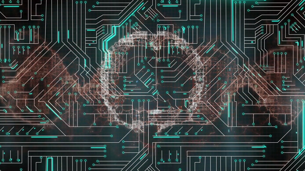 Circuit-board pattern showing nebula wisps forming ring, teal traces pulsing to show signal flow