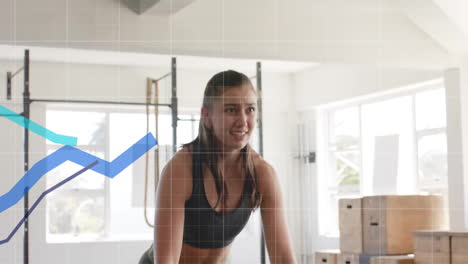 ejercicio con cuerdas de batalla, mujer sobre datos animación de gráficos en el gimnasio