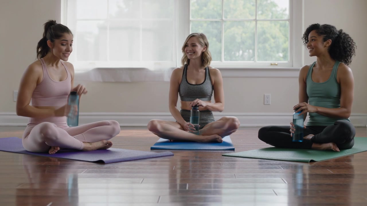 Sorseggiando dopo l'allenamento, tre donne in abbigliamento sportivo bevono da bottiglie blu su tappetini da yoga in uno studio.