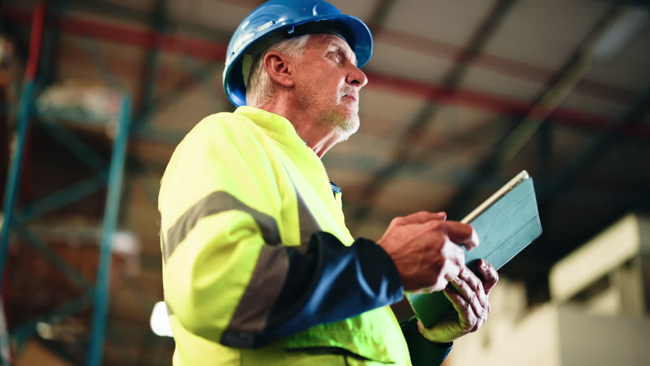 Senior Man in Hard Hat Using Tablet in Warehouse