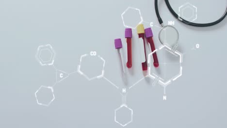 animación de diagramas de cadenas de adn sobre tubos de ensayo de sangre