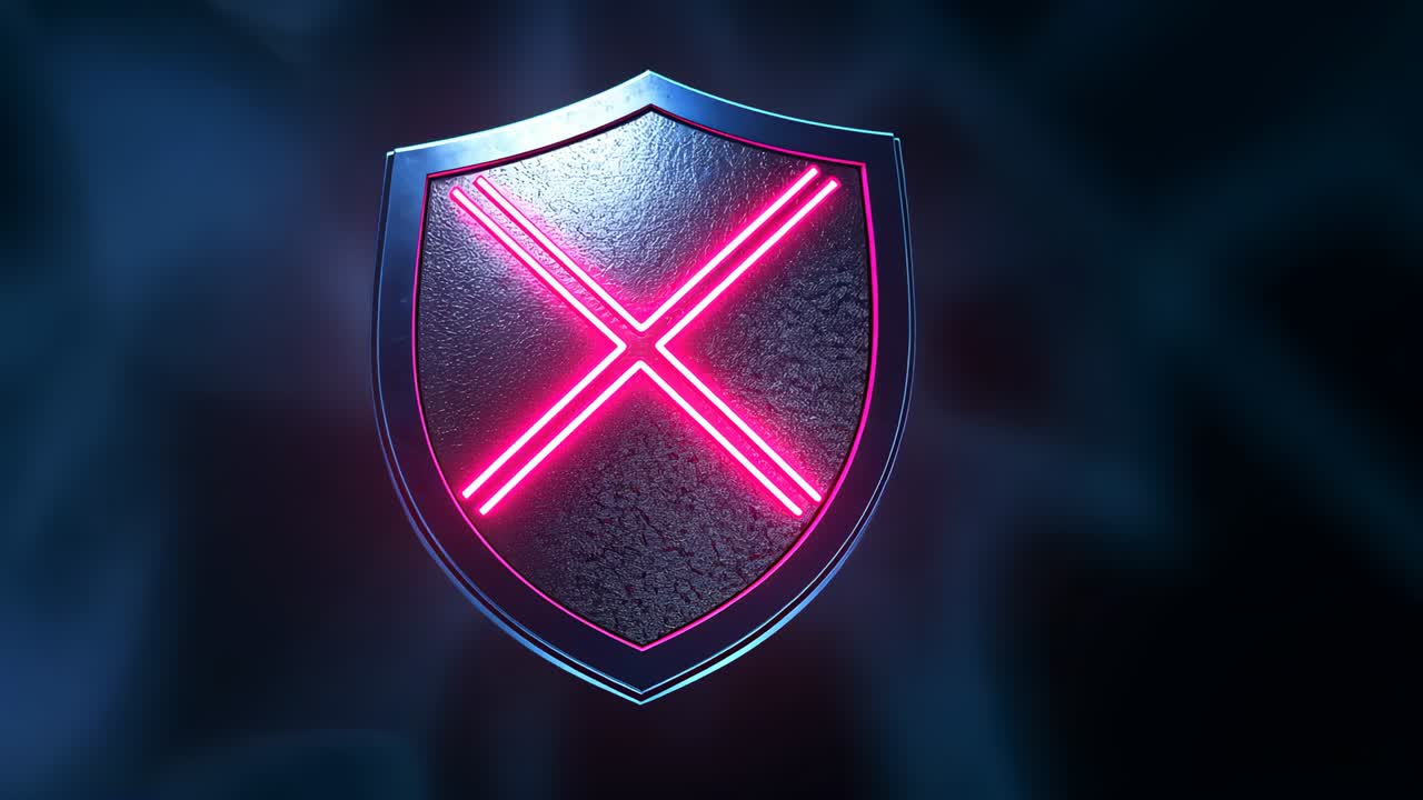 Scene starting shield bearing neon pink X rotating around vertical axis in dark mist environment