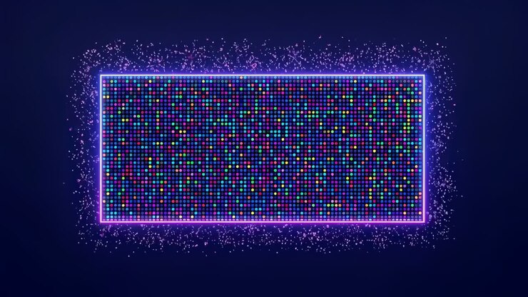 Pulsing neon LED panel after power pulse, cycling multicolor grid on studio backdrop with sparks
