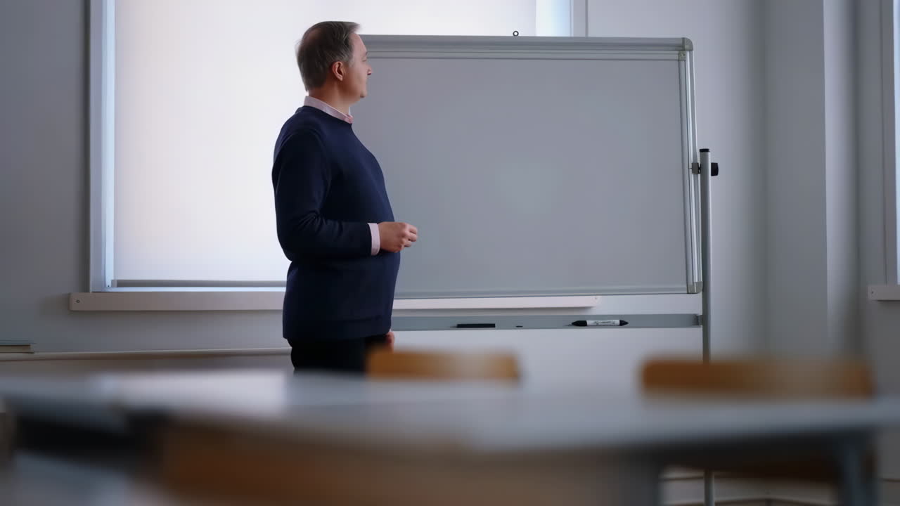 Man Standing Next to Whiteboard in a Classroom
