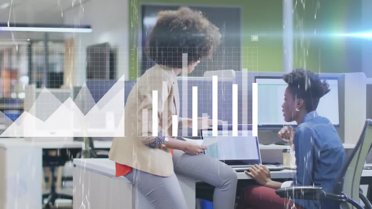 Animation of financial data processing over diverse business people in office