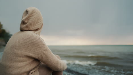 the view from the back of a woman, admiring the stormy sky above the sea. sits on the shore