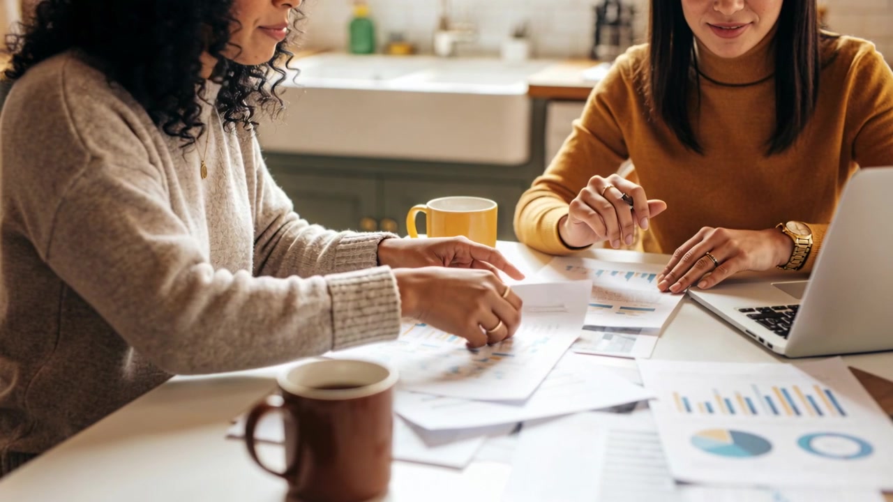 Due donne in maglione che si scambiano grafici in cucina, una che indica un laptop e rivede i dati.