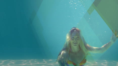 swimming underwater, woman in colorful bikini with geometric shapes animation