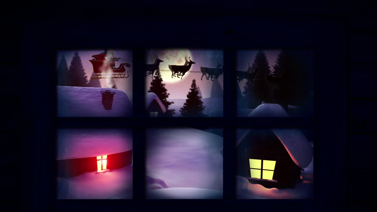 marco de la ventana contra santa claus en trineo siendo tirado por renos sobre el paisaje de invierno