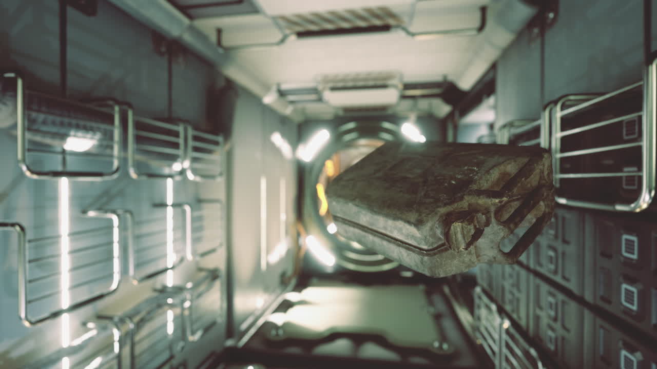 Canister hangs in a futuristic spacecraft corridor tense moment