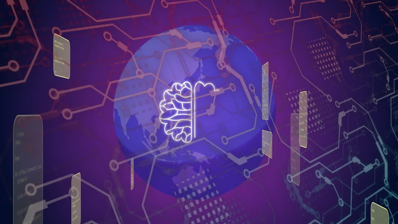 보라색 배경에 전 세계에 대한 채팅과 데이터 처리의 애니메이션