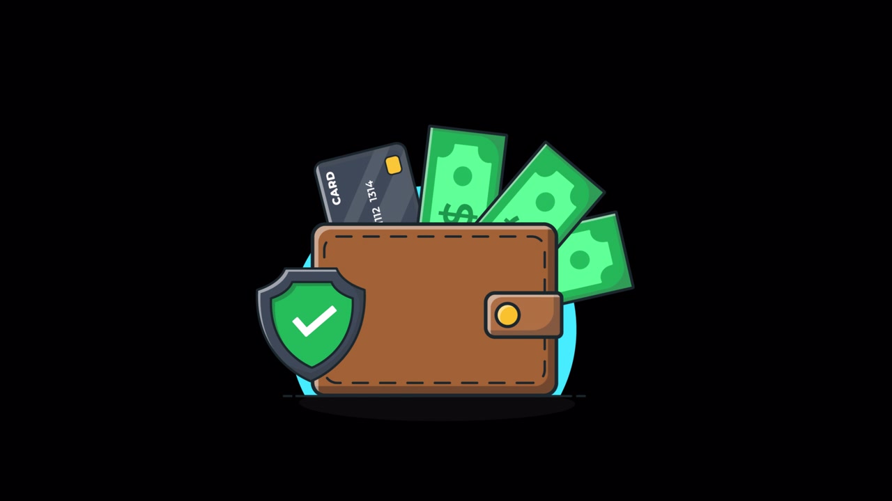 Animated Wallet with Money, Credit Card, and Security Shield