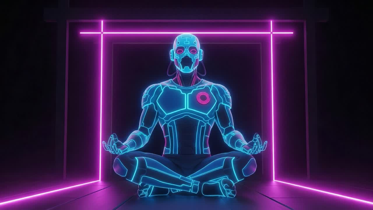 Una Scena di Meditazione Futuristica con una Figura Robotica Luminosa al Neon in uno Spazio Digitale Circondata da Motivi di Luce Pulsanti e Forme Geometriche