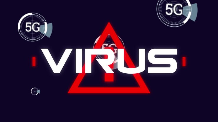 Word Virus written over warning road sign triangle and 5G with scopes scanning