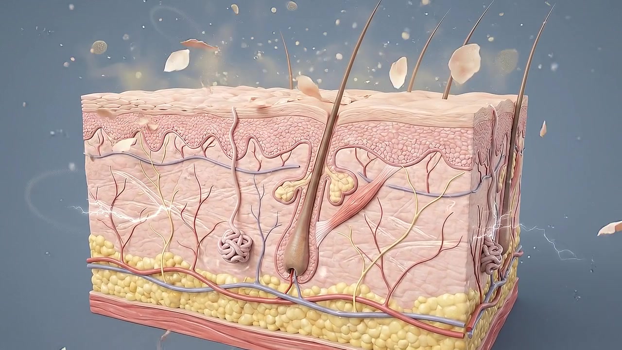 Tværsnit af hud, der viser epidermis, dermis og hårsække i videnskabeligt perspektiv