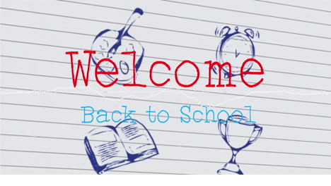 animación de texto de bienvenida a la escuela y iconos escolares sobre fondo de papel blanco.