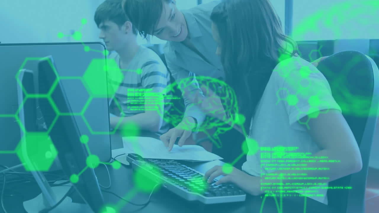 컴퓨터를 사용하는 학생들을 대상으로 과학 데이터 처리의 애니메이션