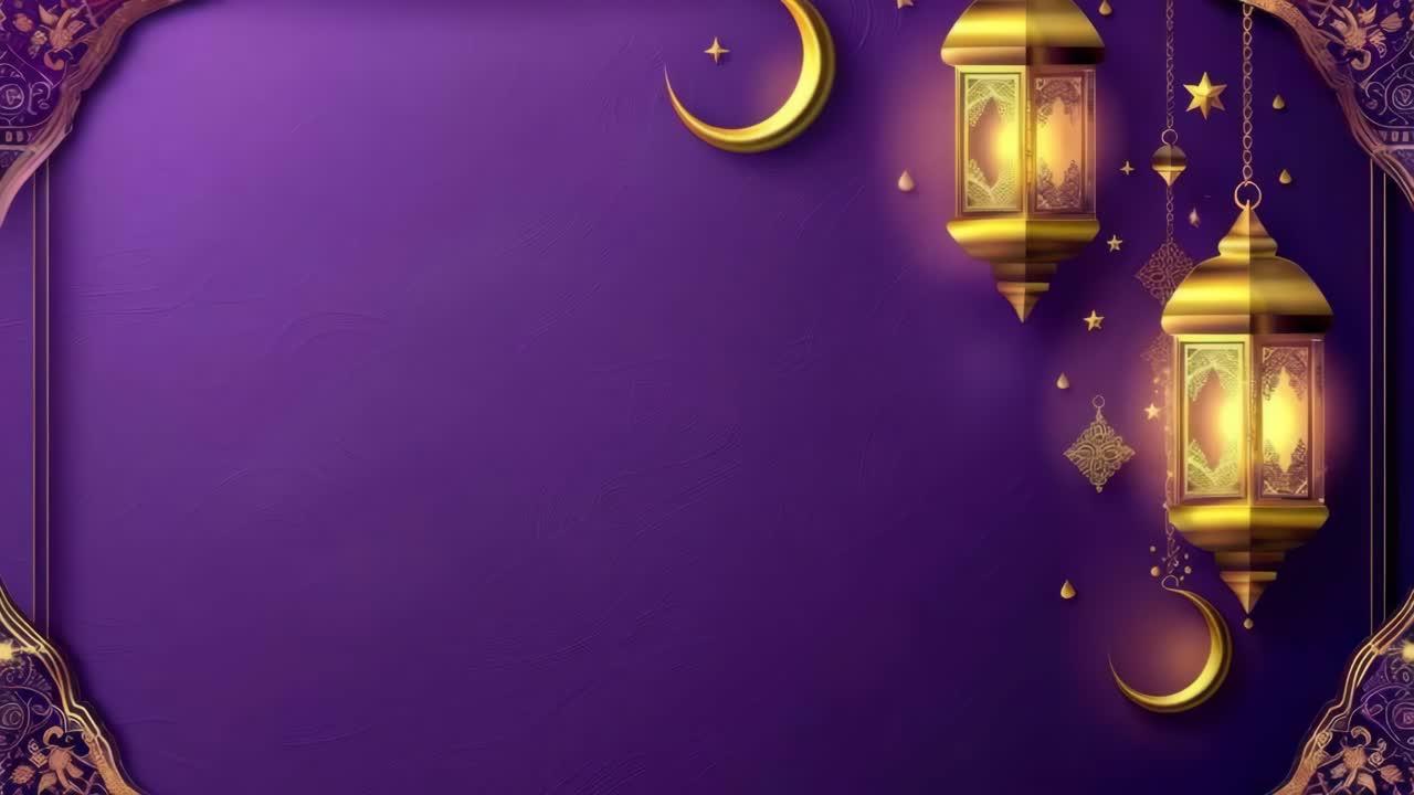 Vista aérea de un diseño místico con temática morada, con lunas, estrellas y farolillos dorados, perfecto