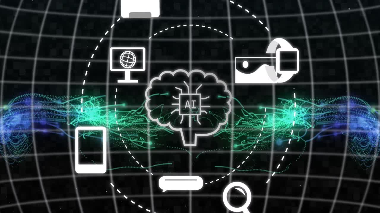 animación de chat artificial y procesamiento de datos a través de senderos de luz y cuadrícula