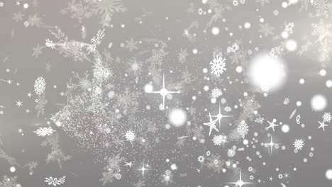 Animación-Digital-De-Copos-De-Nieve-Cayendo-Contra-Múltiples-Iconos-De-Estrellas-Sobre-Fondo-Gris