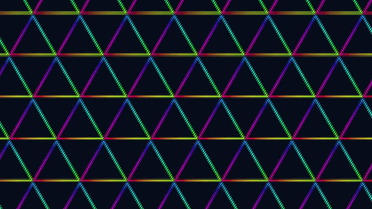 Abstrakt geometrisk baggrund med gentagne neon trekantkonturer og glatte regnbuegradienter på mørk baggrund, ideel til futuristisk teknologi, musikvisuals og VJ-skærme