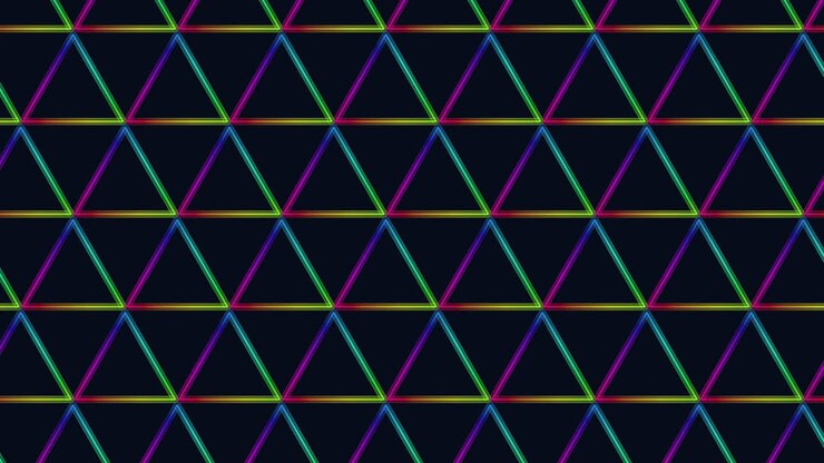 Abstract geometric background with repeating neon triangle outlines and smooth rainbow gradients on dark backdrop, ideal for futuristic tech, music visuals, and VJ screens