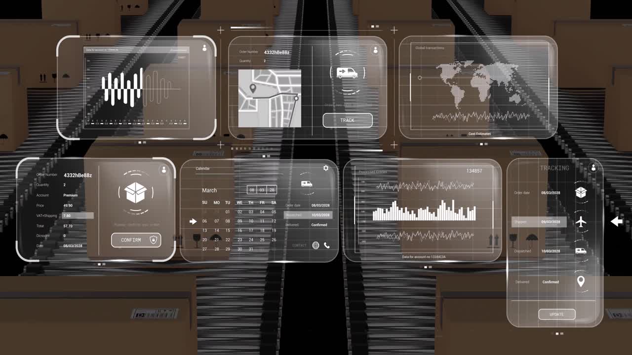 Animation of data on screens over cardboard boxes on conveyor belts