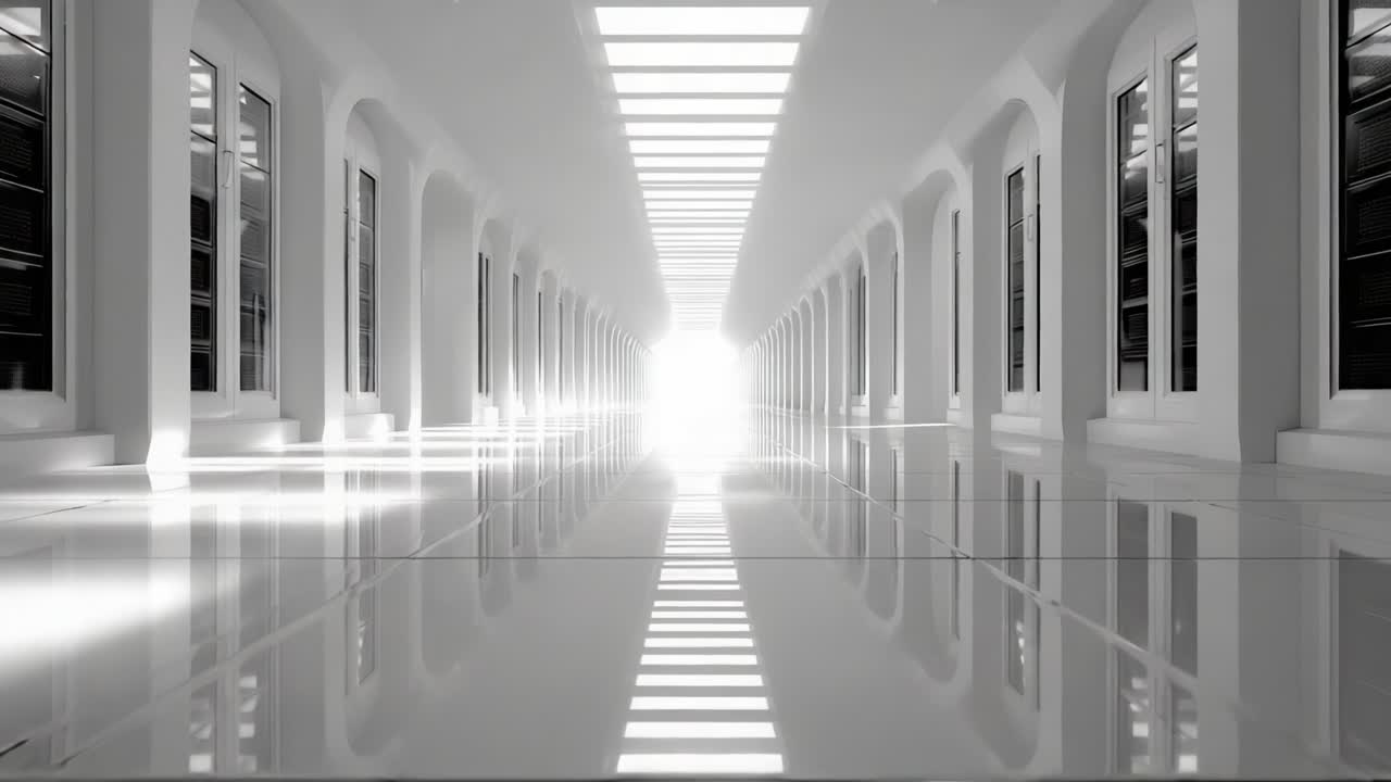 A Striking Corridor Captured in Two Frames, Showcasing a Minimalistic and Radiantly Lit Space with Gleaming Surfaces and Symmetrical Design Elements
