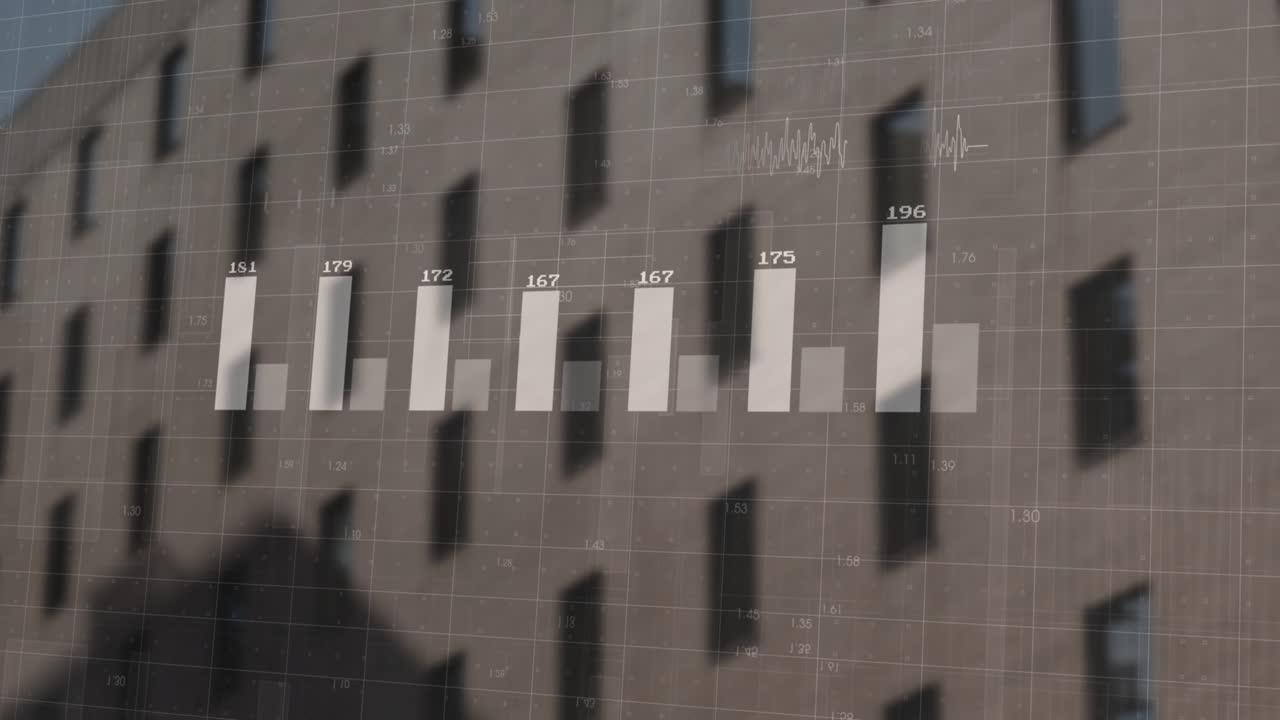 Faint left bars appearing and expanding, overlaying facade, forming labeled chart to show data