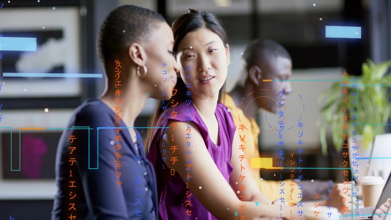 Purple woman pointing at laptop, collaborating at business desk, AR bars floating over screen