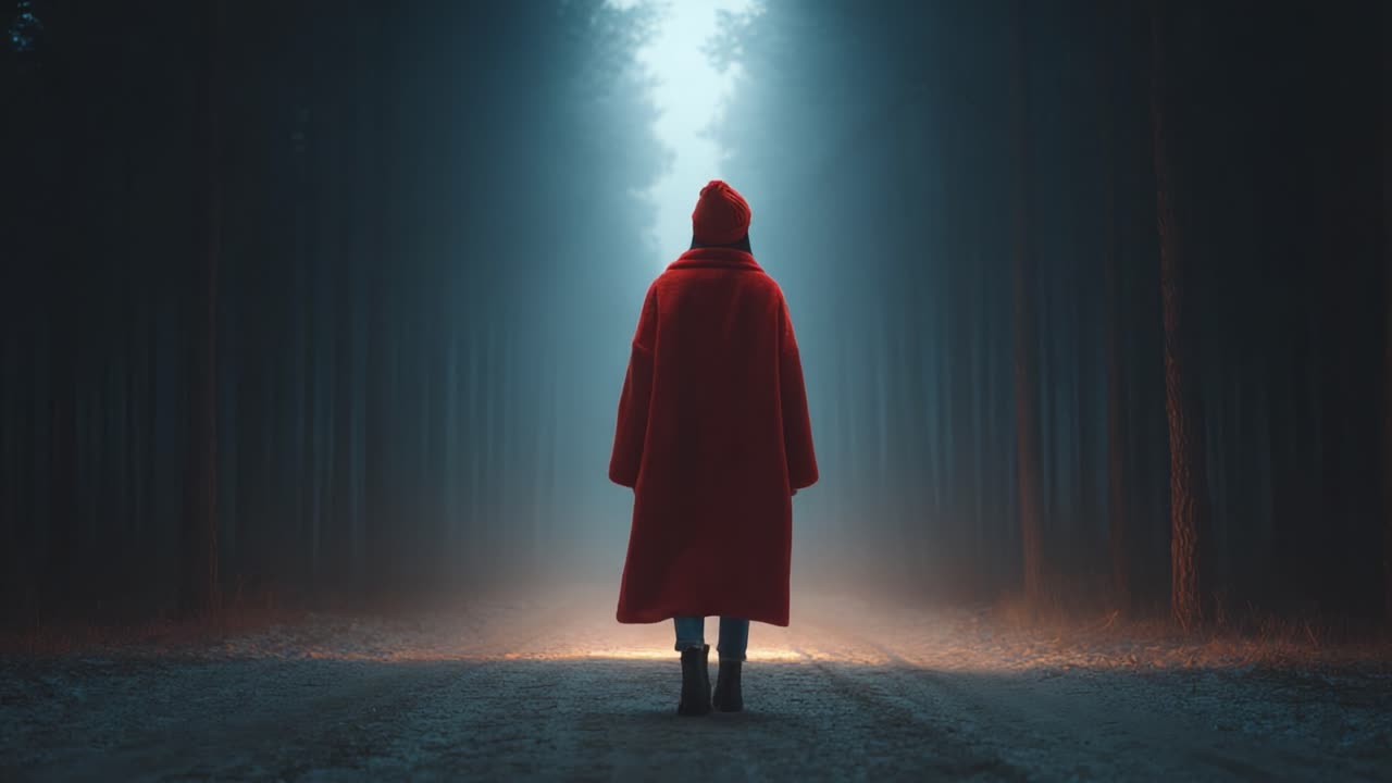 A Mysterious Journey Through the Forest: A Figure in a Striking Red Coat Transitions to an Orange Cloak Amidst Mist and Shadows in an Enigmatic Landscape