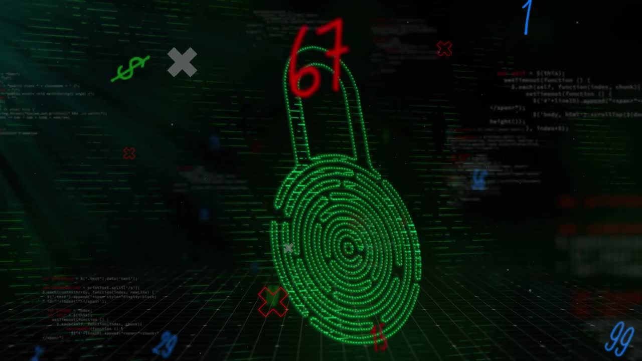 Animation of screen with data processing and biometric padlock