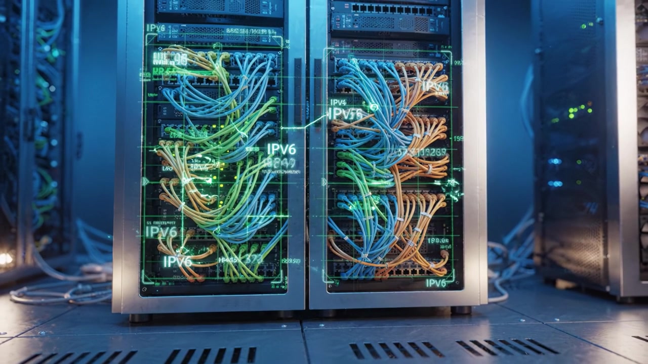 A High-Tech Server Room Featuring Advanced Data Processing Equipment, Colorful Network Cables, and Dynamic IPv6 Display on the Screens in a Modern Environment