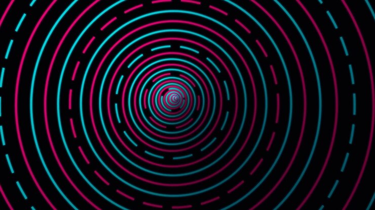 Túnel abstrato de círculos concêntricos neon em rosa e azul brilhantes
