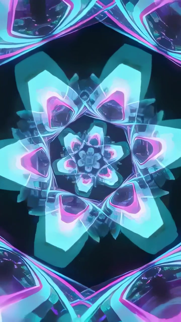 Video verticale: Avvio della riproduzione di un mandala che gira in verticale, mostrando petali ciano-magenta in loop.