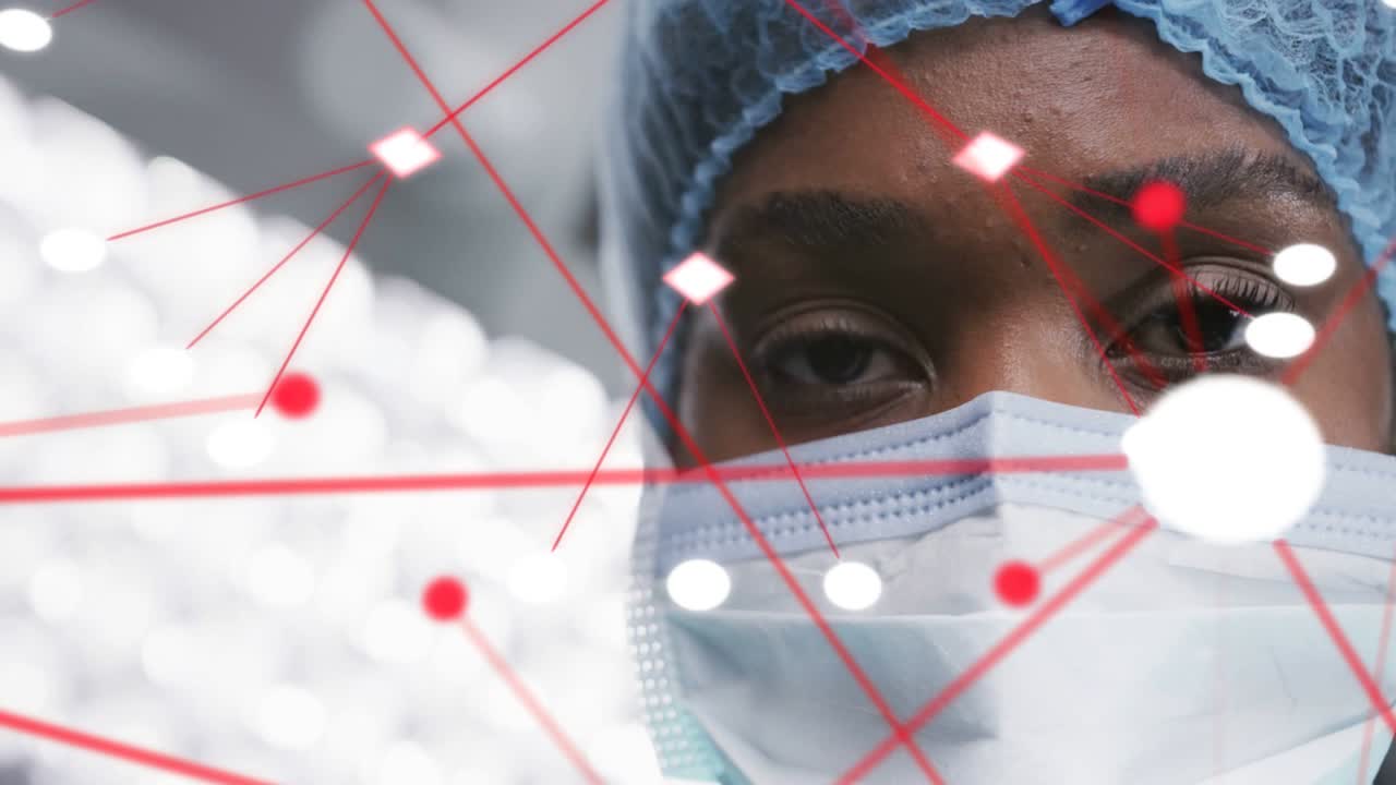 Masked clinician holding gaze in closeup, animated red nodes appearing across face showing data