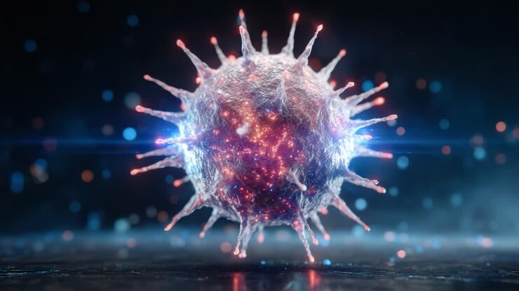 Visualizzazione ad alta definizione di una particella virale: cattura la complessità delle strutture virali con dettagli straordinari e precisione scientifica in un ambiente dinamico