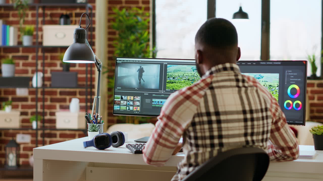 Male video editor works from modern home office in the living room