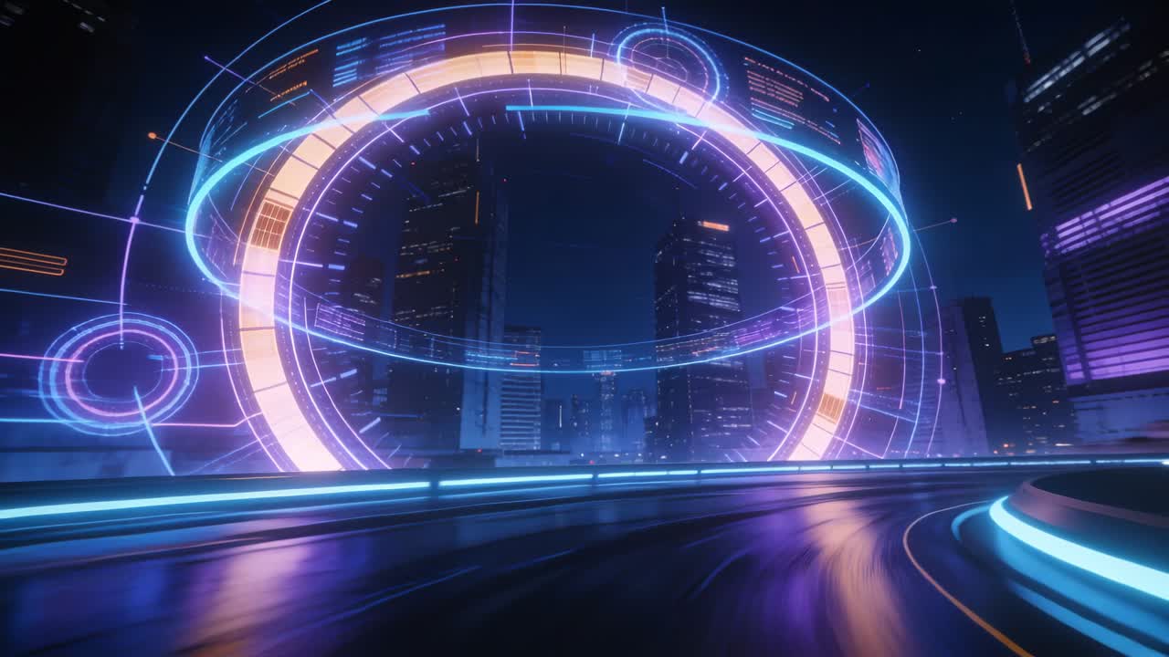 Forming holographic ring reacting to camera tracking along neon roadway, pulsing then collapsing