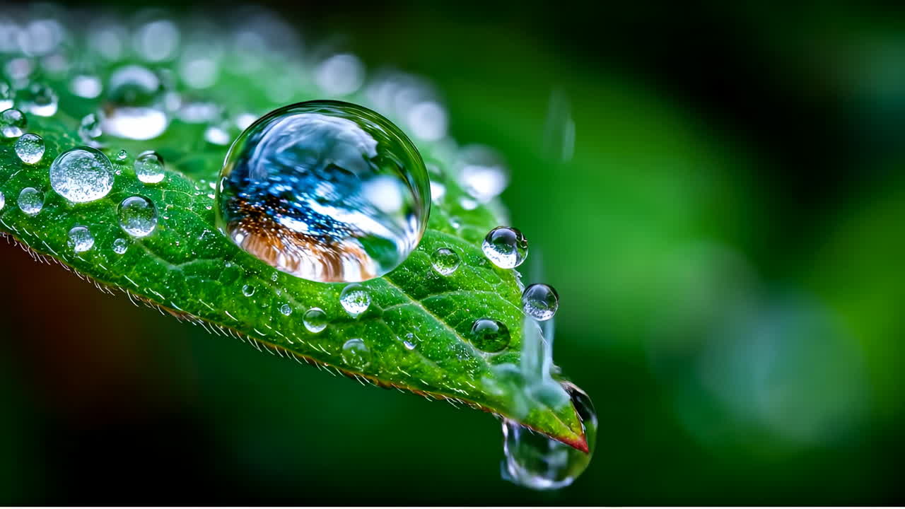 Water droplets on green leaf. Water droplets gather on a green leaf, showcasing nature's delicate details and reflecting the surrounding environment