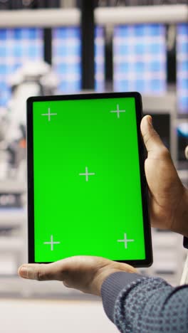 vertical video photovoltaics plant worker uses chroma key notebook to do maintenance