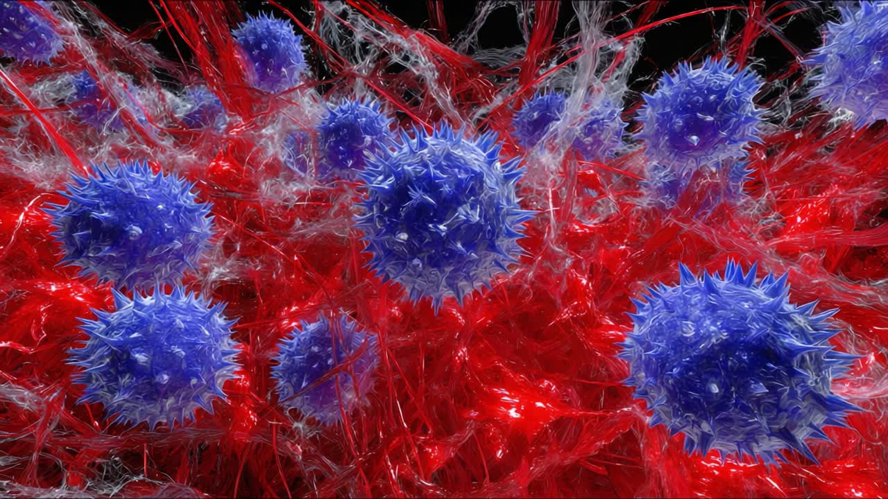 A Detailed Close-Up Visualization of Immune Cells Engaging with Pathogens in a Vibrant Microscopic Environment of Blue and Red Structures