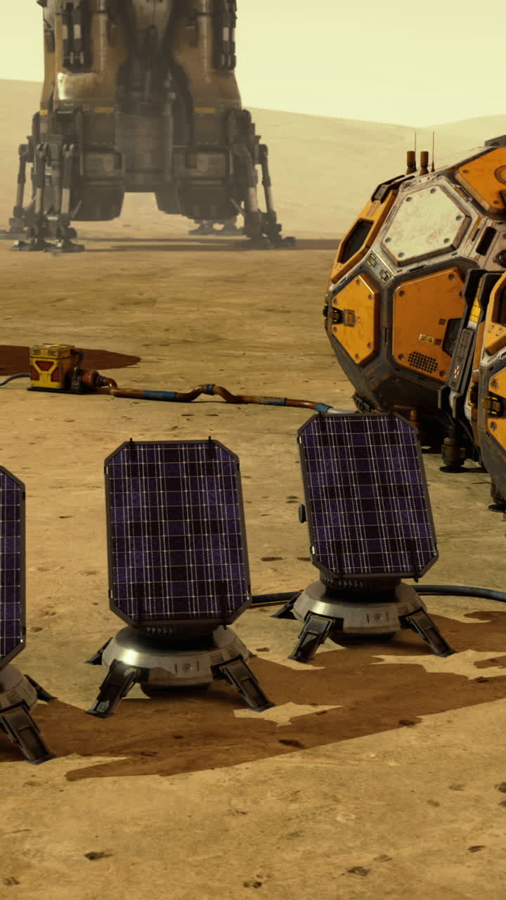 Exploration habitat setup on mars with solar panels and landing module