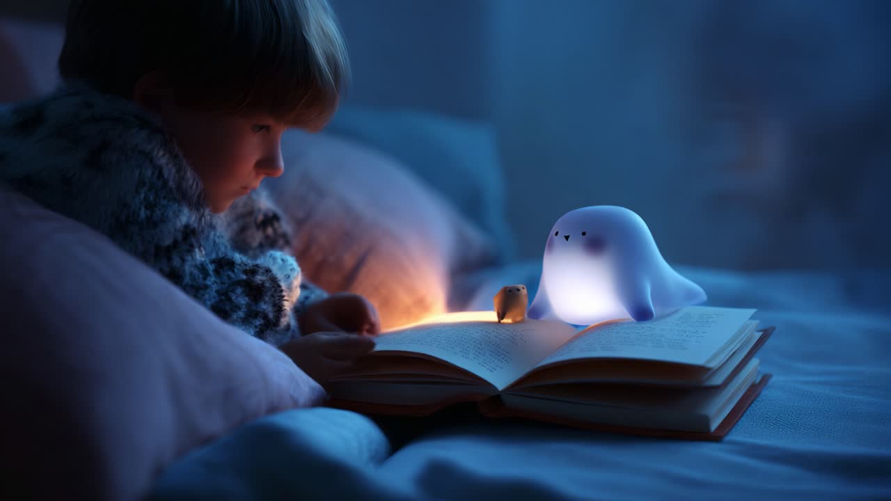 A Magical Storytime: A Child Illuminated by a Soft, Glow-In-The-Dark Companion as They Dive into the Enchanting World of Books Under the Gentle Ambiance of Evening Light