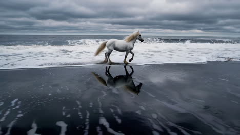 white horse on a black sand beach