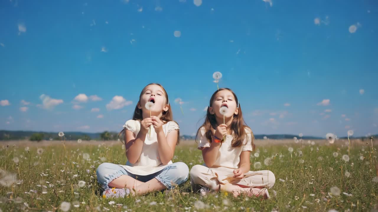 Two Girls Blowing Dandelions in a Field