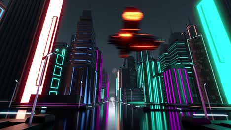 animation of space ships and car in neon lit city at night background