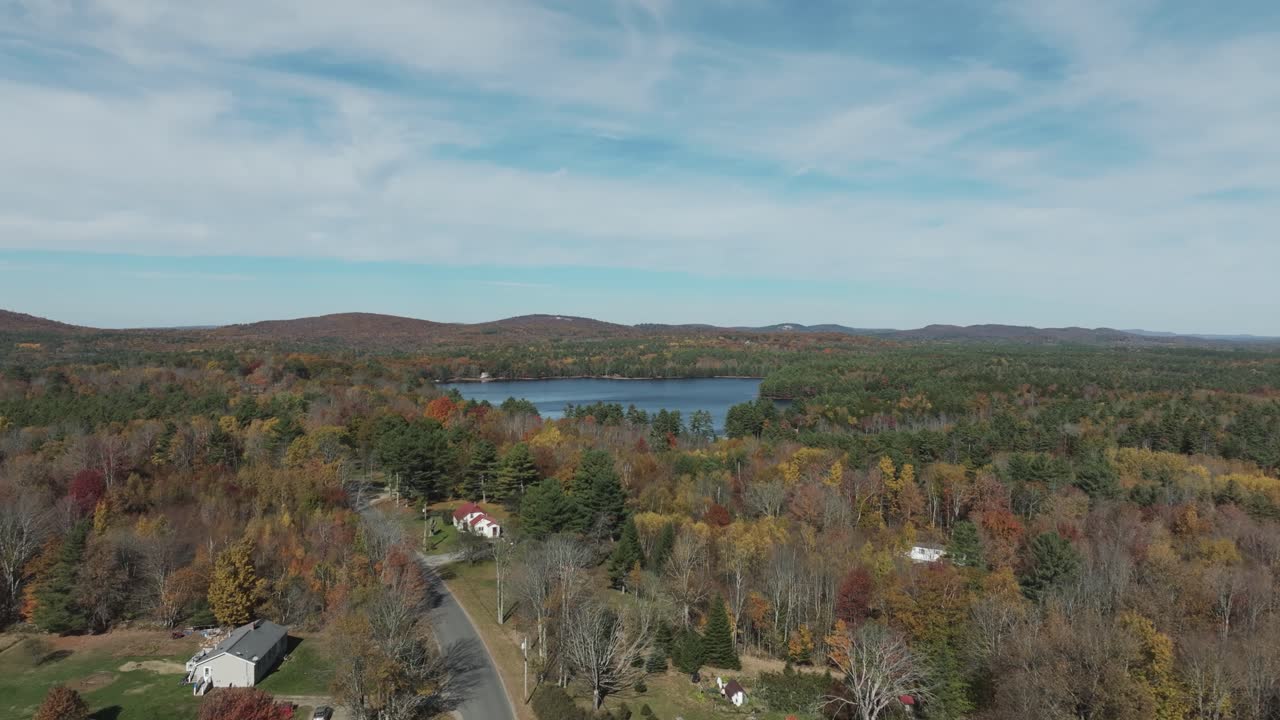 Aerial view of peak fall foliage in Maine with vibrant trees, a clear lake, country homes, and distant mountains under a crisp blue sky—quintessential autumn landscape.